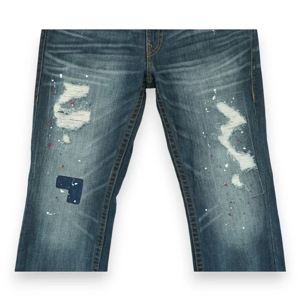 True Religion Men's Straight Paint Splatter Jeans‎ Patched Size 34
